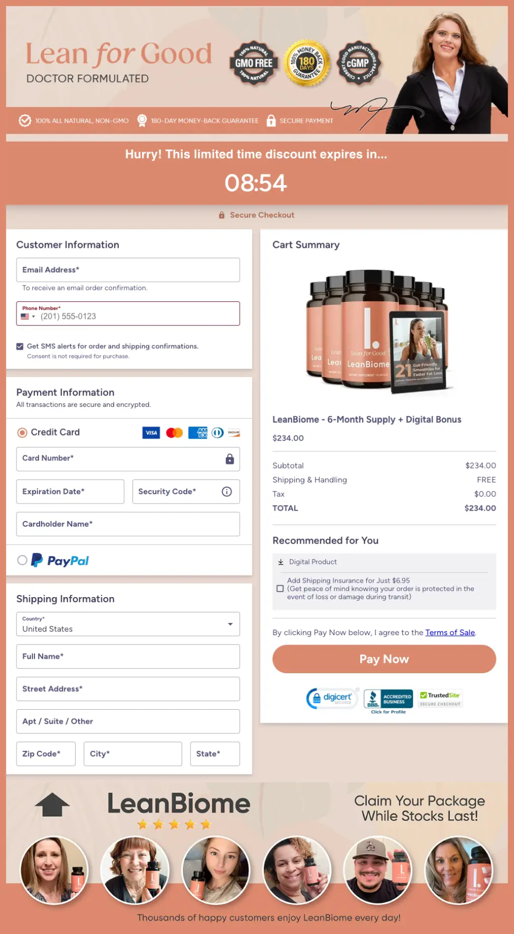 LeanBiome secure checkout page with safe and encrypted payment process